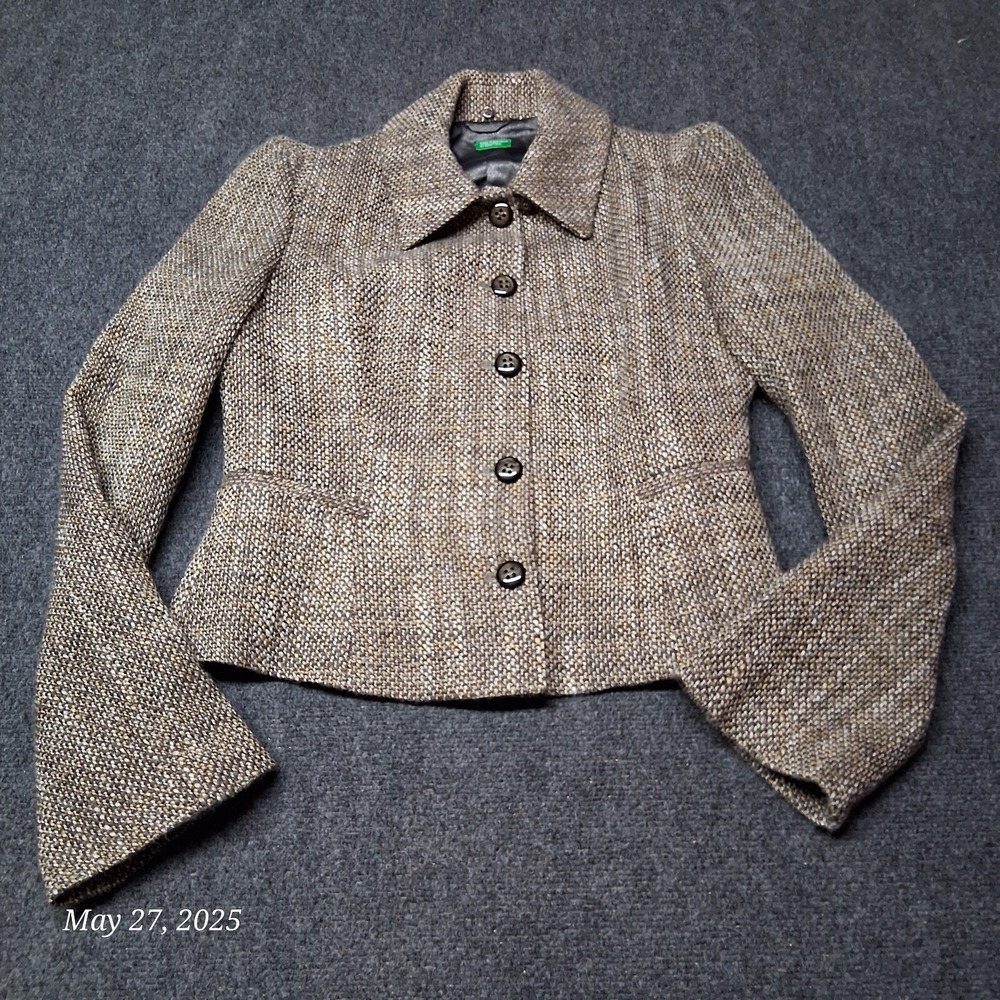 United Colors of Benetton Wool Blend Tweed Blazer Jacket Women Size 46 Button Up